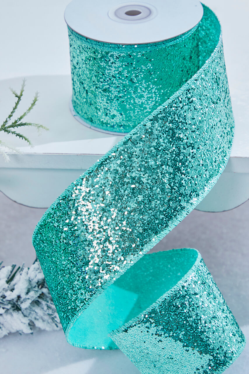 2.5" x 10 Yard Mint Green Glitter Wired Ribbon
