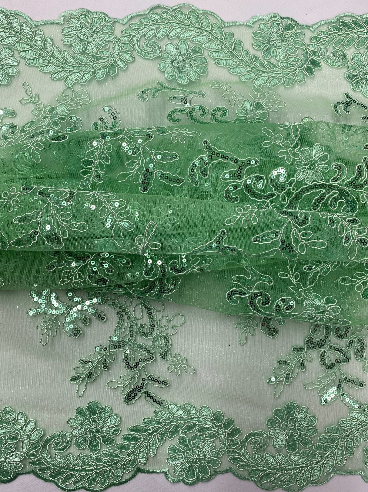 Elena's Lace Polyester Lace Fabric - Mint Green Corded Mesh Embroidered With Sequins, Double Scalloped Edge, 54" Width (1 Yard)