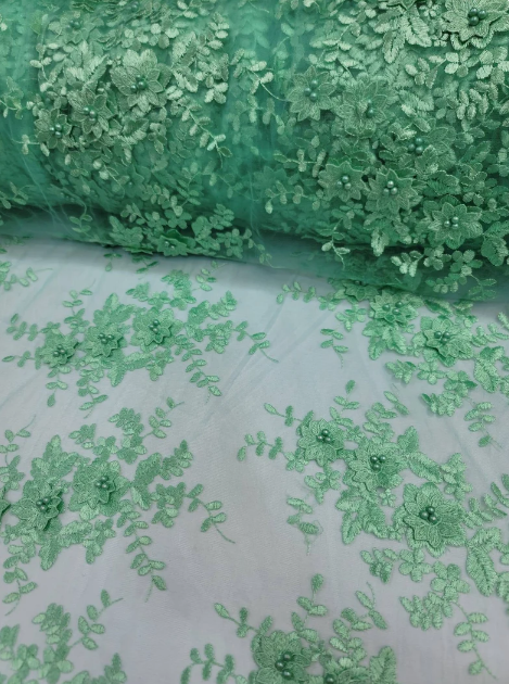 Mint Beaded Lace 3D Floral Embroidered Mesh