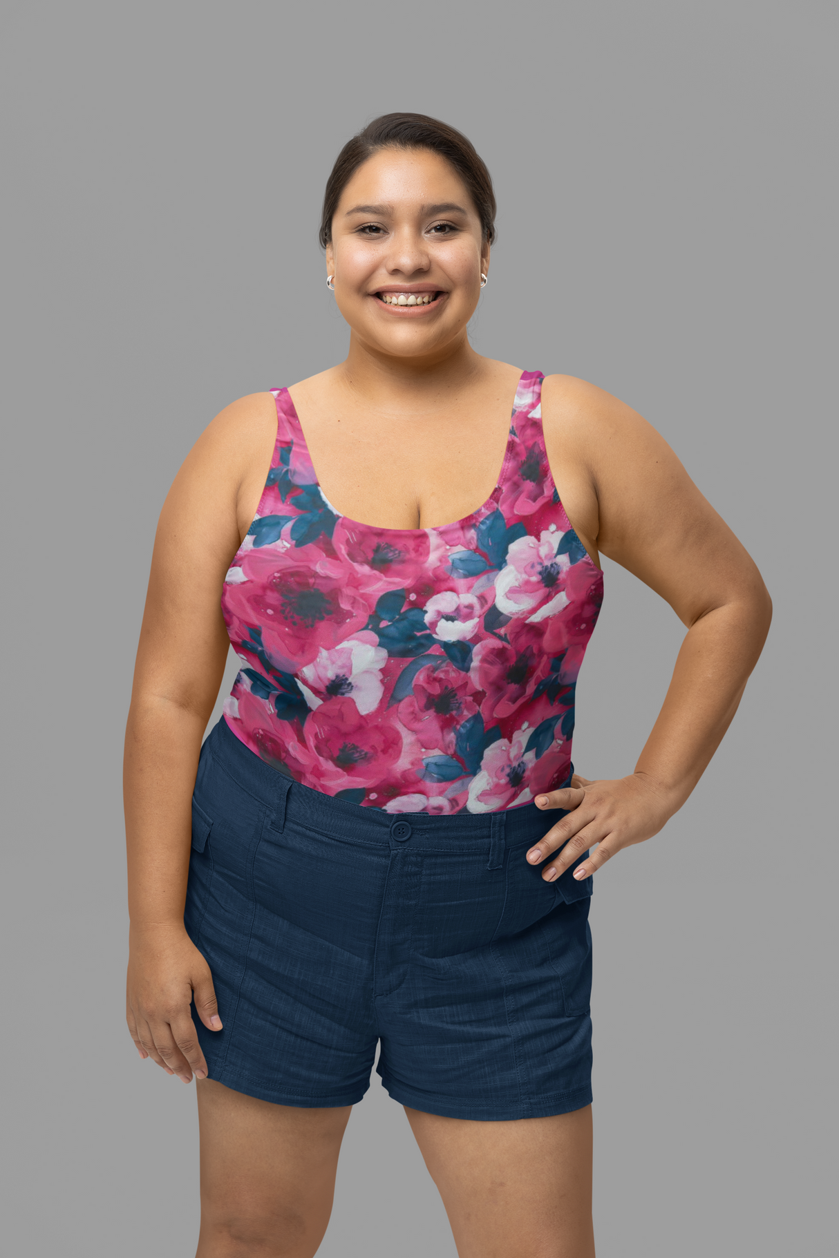 Swim Knit Brushstroke Peonies Pink/Navy Poly Spandex