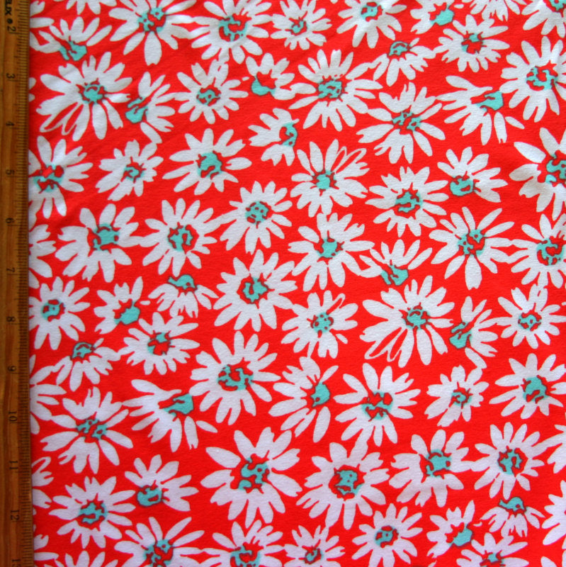 Cotton Lycra Knit Fabric Mod Daisies on Red