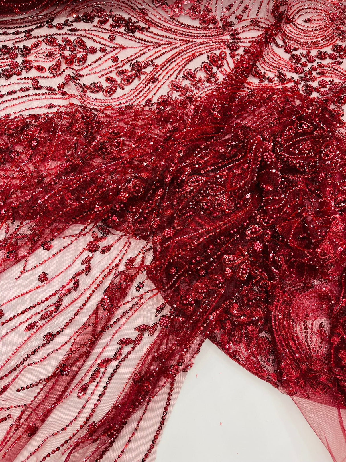 Modern Luxury Beaded Fabric Embroidered On A Mesh Lace Fabric - Beaded Embroidery, 54" Width (1 Yard)