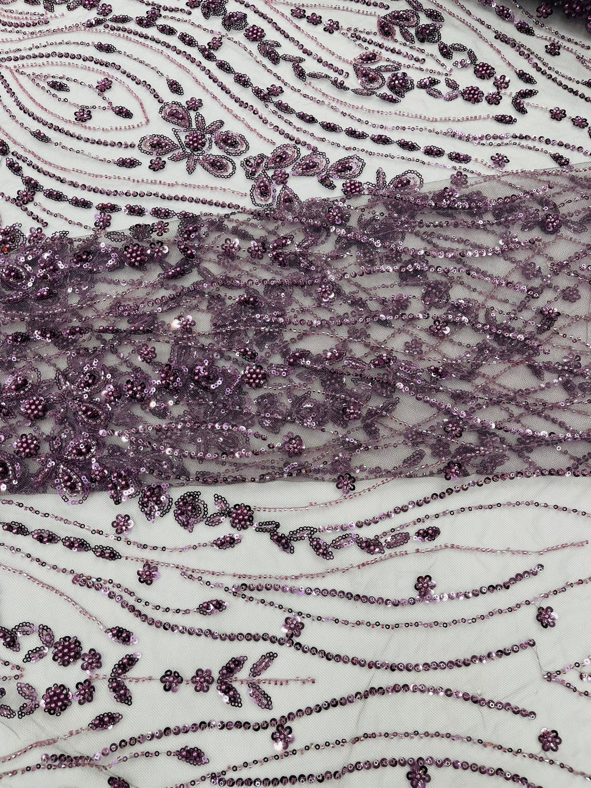 Modern Luxury Beaded Fabric Embroidered On A Mesh Lace Fabric - Beaded Embroidery, 54" Width (1 Yard)