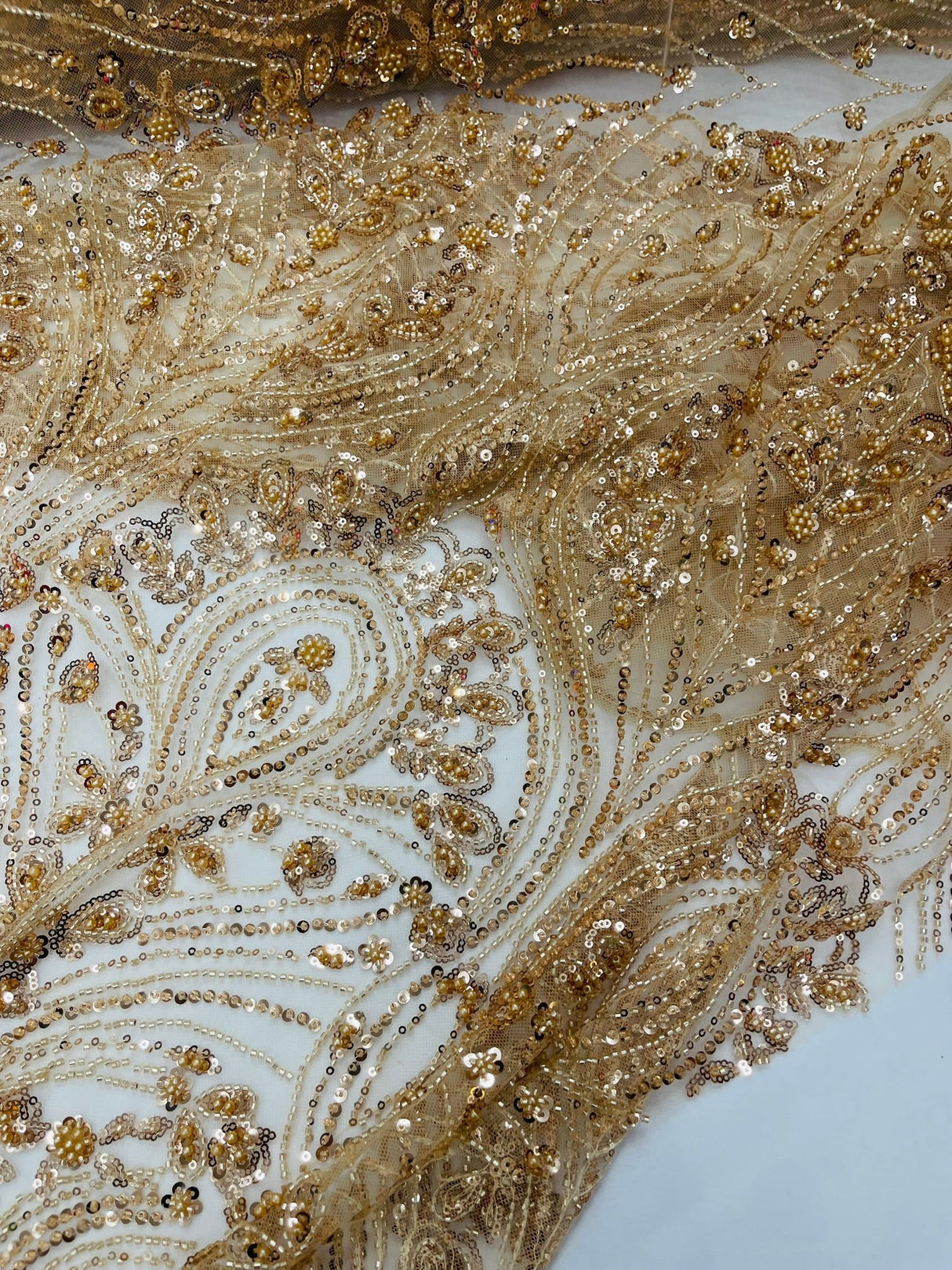 Modern Luxury Beaded Fabric Embroidered On A Mesh Lace Fabric - Beaded Embroidery, 54" Width (1 Yard)