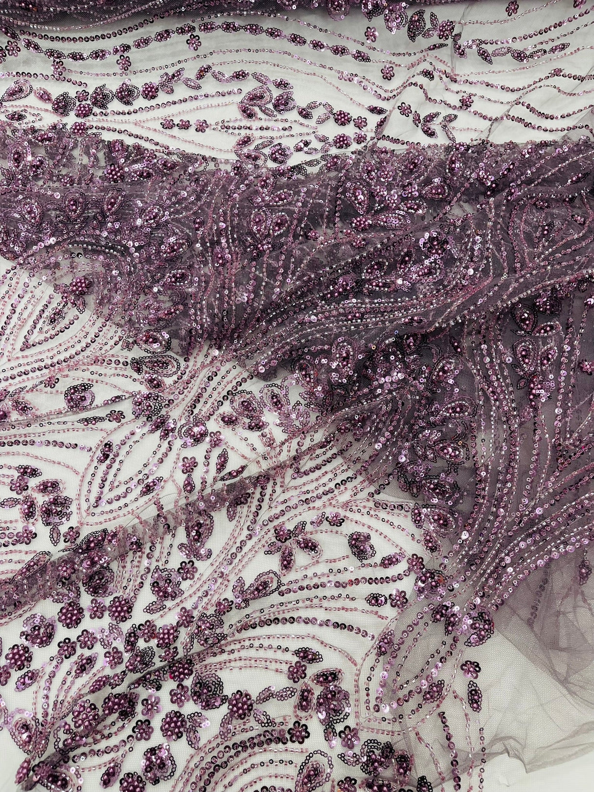 Modern Luxury Beaded Fabric Embroidered On A Mesh Lace Fabric - Beaded Embroidery, 54" Width (1 Yard)