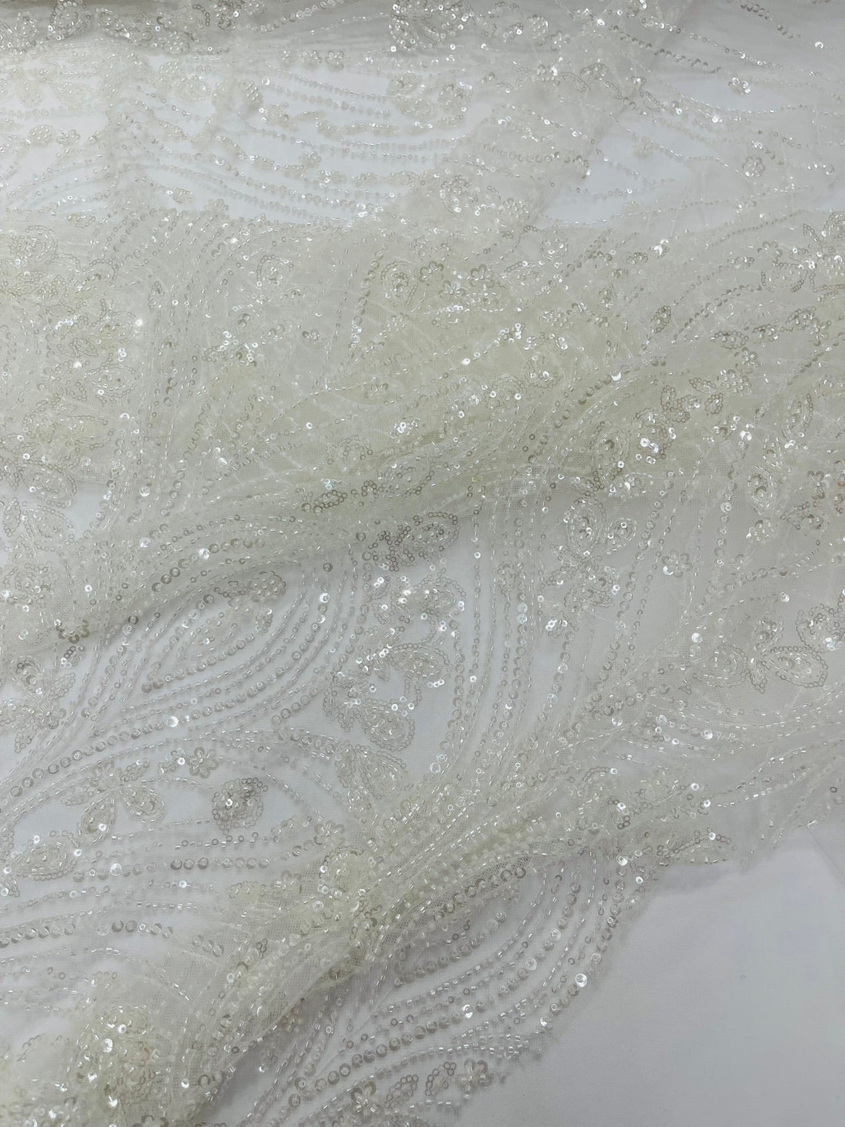 Modern Luxury Beaded Fabric Embroidered On A Mesh Lace Fabric - Beaded Embroidery, 54" Width (1 Yard)