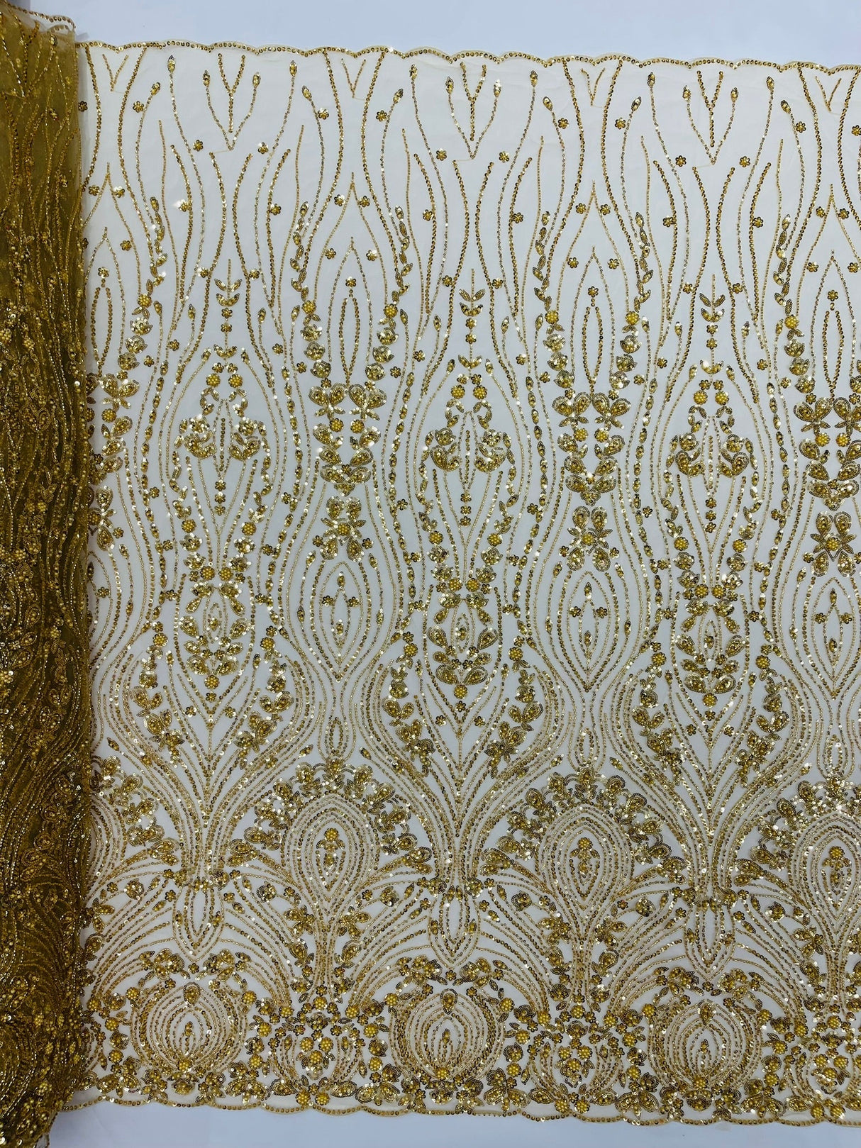 Modern Luxury Beaded Fabric Embroidered On A Mesh Lace Fabric - Beaded Embroidery, 54" Width (1 Yard)