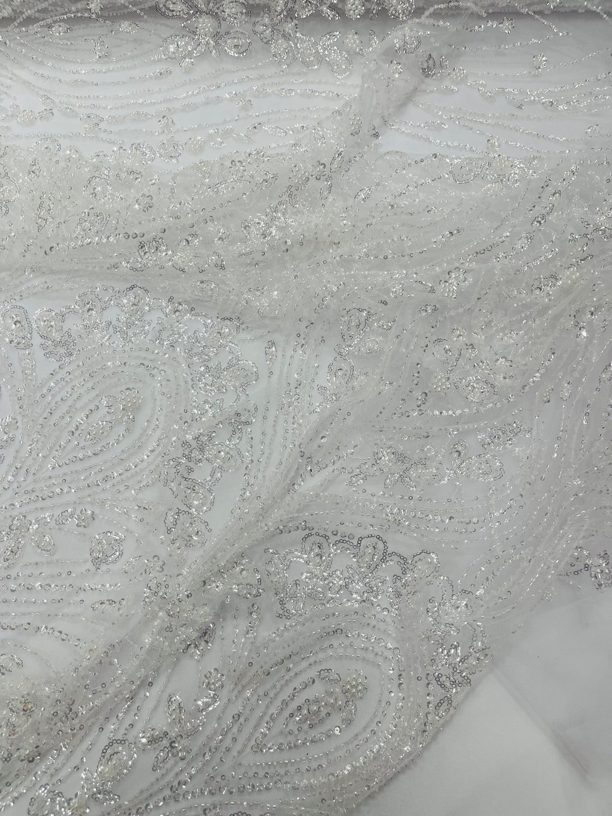 Modern Luxury Beaded Fabric Embroidered On A Mesh Lace Fabric - Beaded Embroidery, 54" Width (1 Yard)