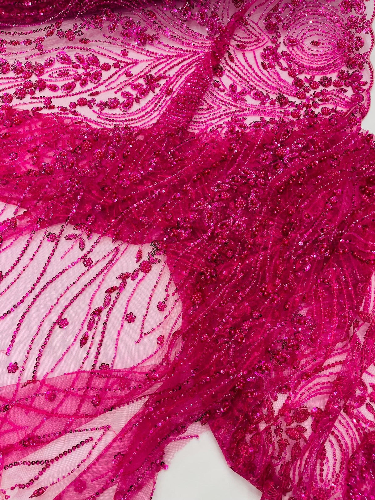 Modern Luxury Beaded Fabric Embroidered On A Mesh Lace Fabric - Beaded Embroidery, 54" Width (1 Yard)