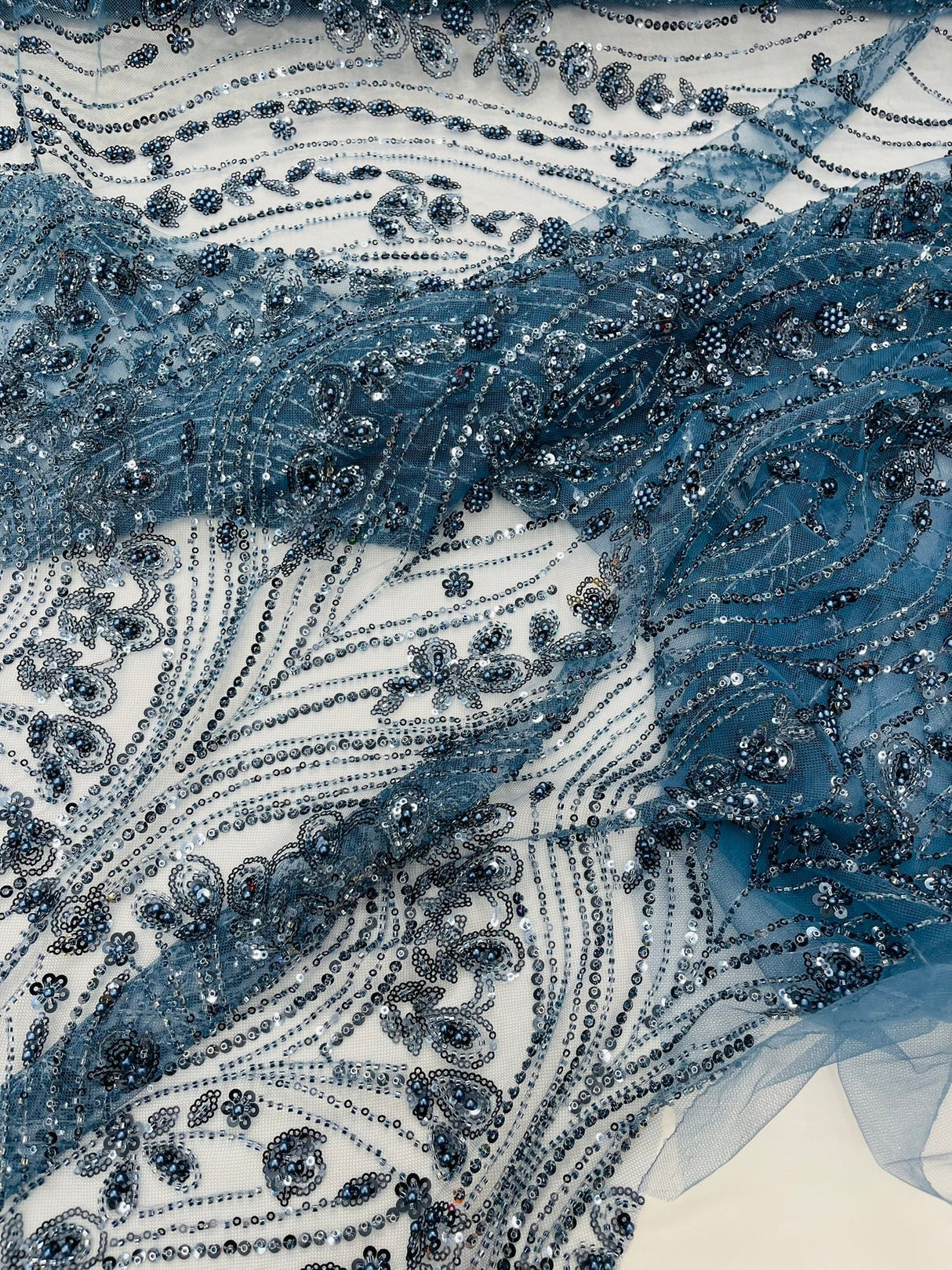 Modern Luxury Beaded Fabric Embroidered On A Mesh Lace Fabric - Beaded Embroidery, 54" Width (1 Yard)