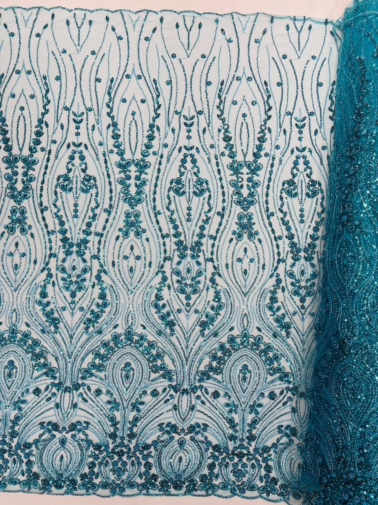 Modern Luxury Beaded Fabric Embroidered On A Mesh Lace Fabric - Beaded Embroidery, 54" Width (1 Yard)
