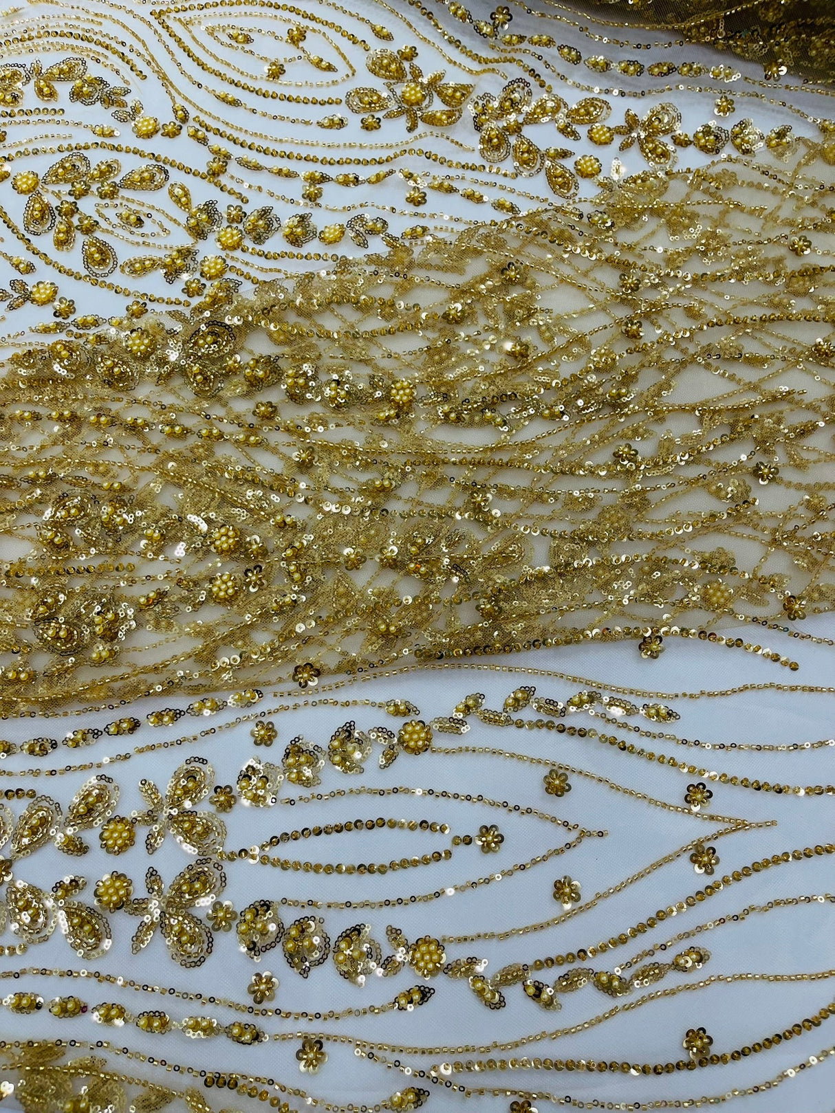 Modern Luxury Beaded Fabric Embroidered On A Mesh Lace Fabric - Beaded Embroidery, 54" Width (1 Yard)