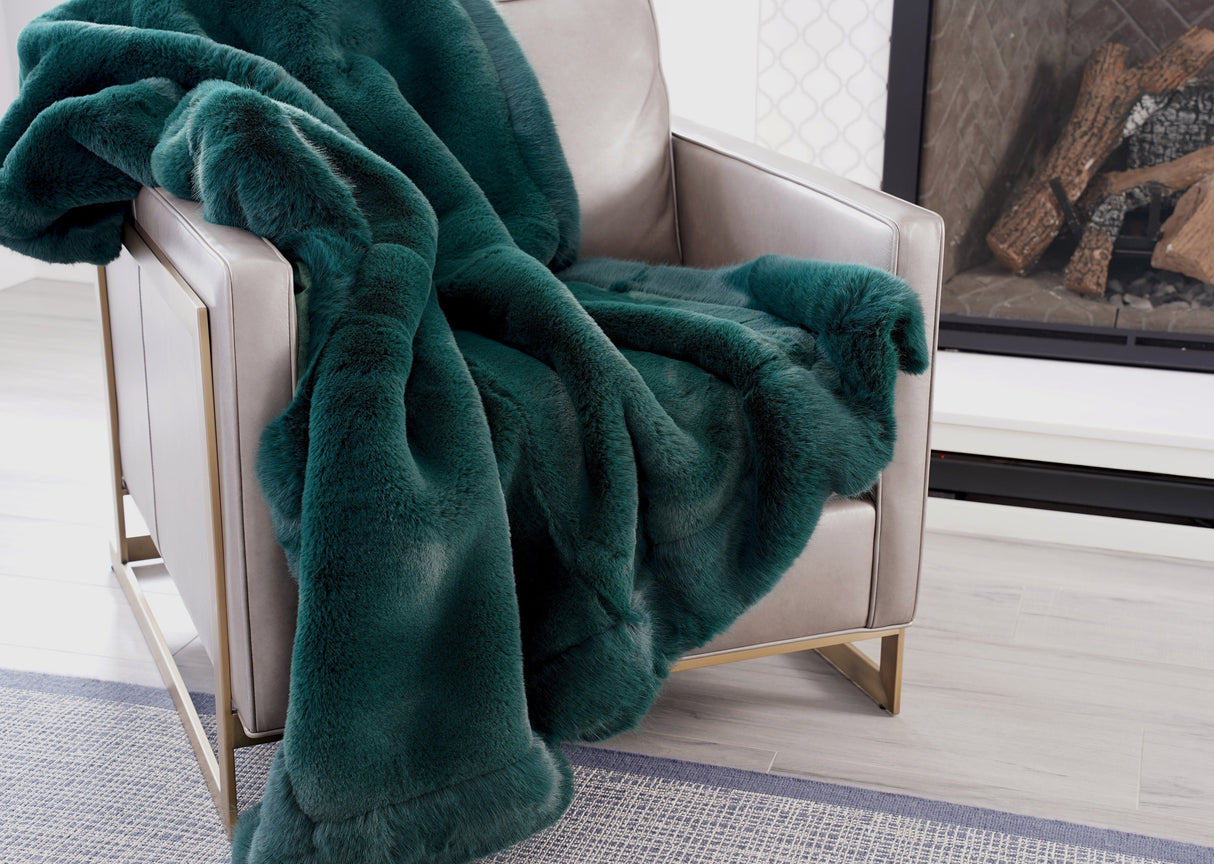 Luxurious Chinchilla Rabbit Faux Fur Throw Blanket Polyester Fabric - Silver/Silver, Green/Green, Snow White/White, Wine On Black, Black On Black, 50" X 60" (1 Piece)