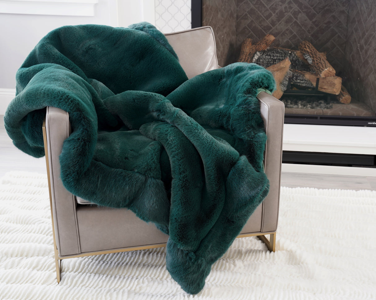 Luxurious Chinchilla Rabbit Faux Fur Throw Blanket Polyester Fabric - Silver/Silver, Green/Green, Snow White/White, Wine On Black, Black On Black, 50" X 60" (1 Piece)