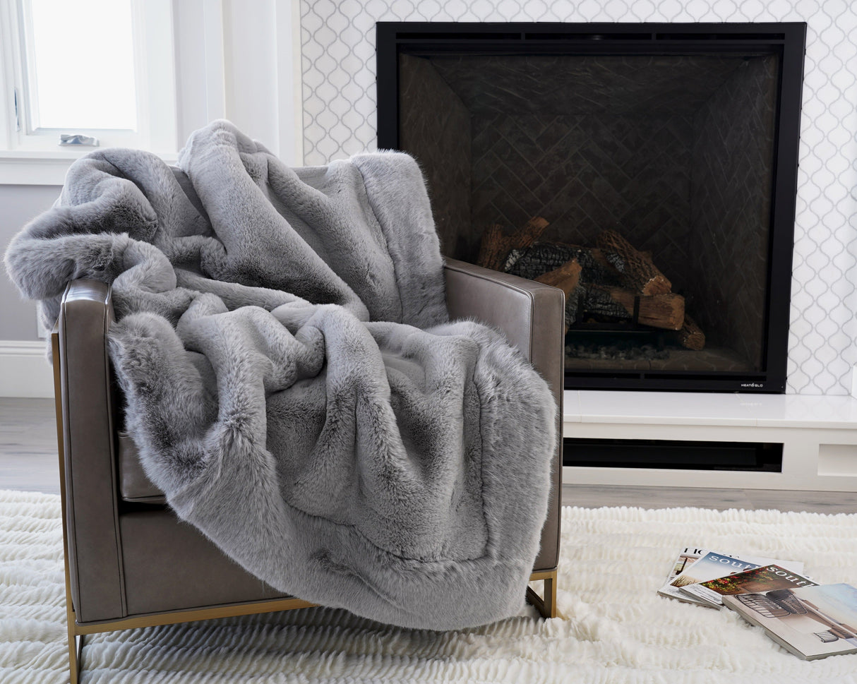 Luxurious Chinchilla Rabbit Faux Fur Throw Blanket Polyester Fabric - Silver/Silver, Green/Green, Snow White/White, Wine On Black, Black On Black, 50" X 60" (1 Piece)