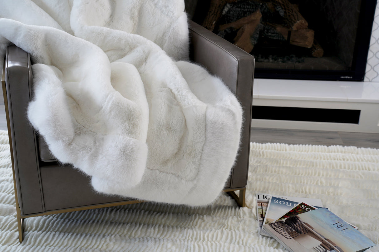 Luxurious Chinchilla Rabbit Faux Fur Throw Blanket Polyester Fabric - Silver/Silver, Green/Green, Snow White/White, Wine On Black, Black On Black, 50" X 60" (1 Piece)