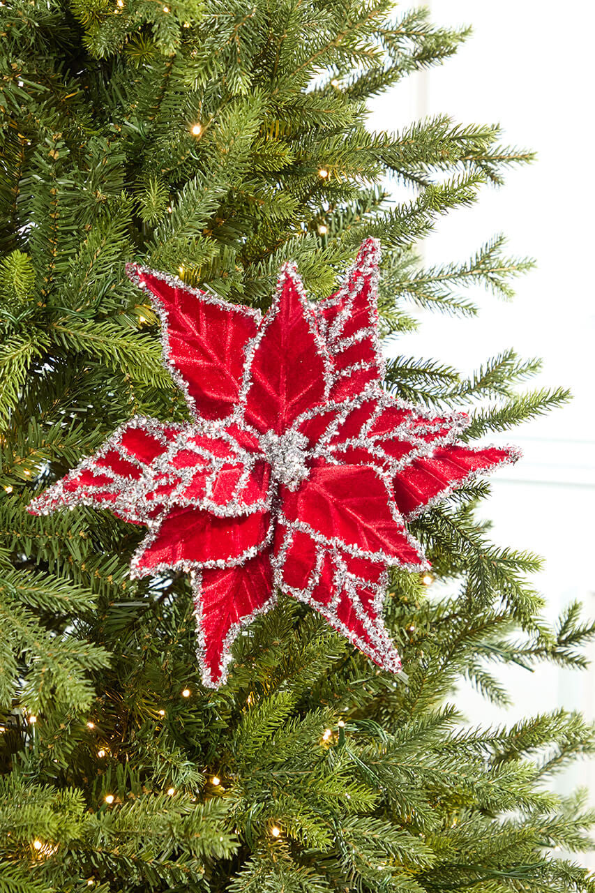 24 Inch Tinsel Edge Velvet Poinsettia Stem – Red & Silver Glam for Festive Holiday Décor