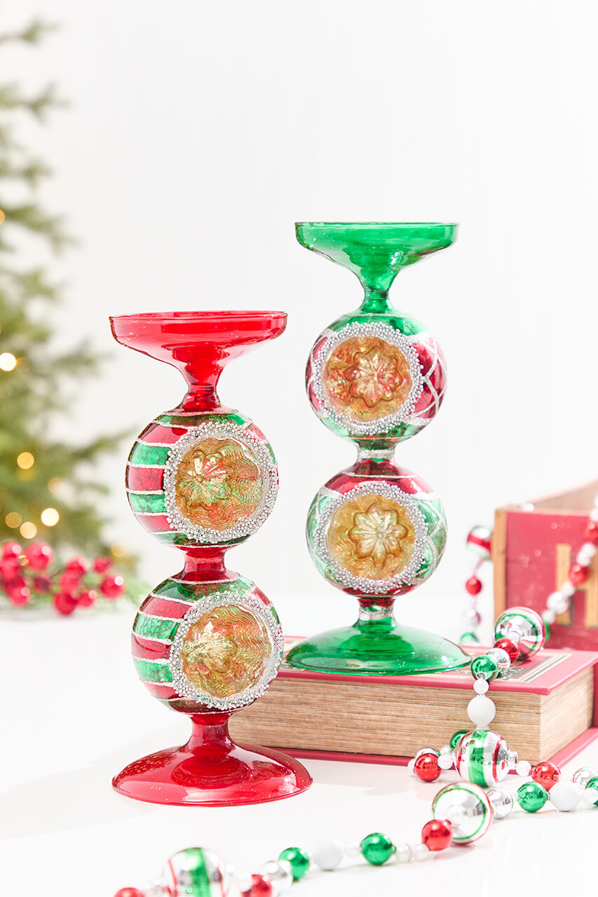 10" Red & Green Reflector Glass Candle Holder