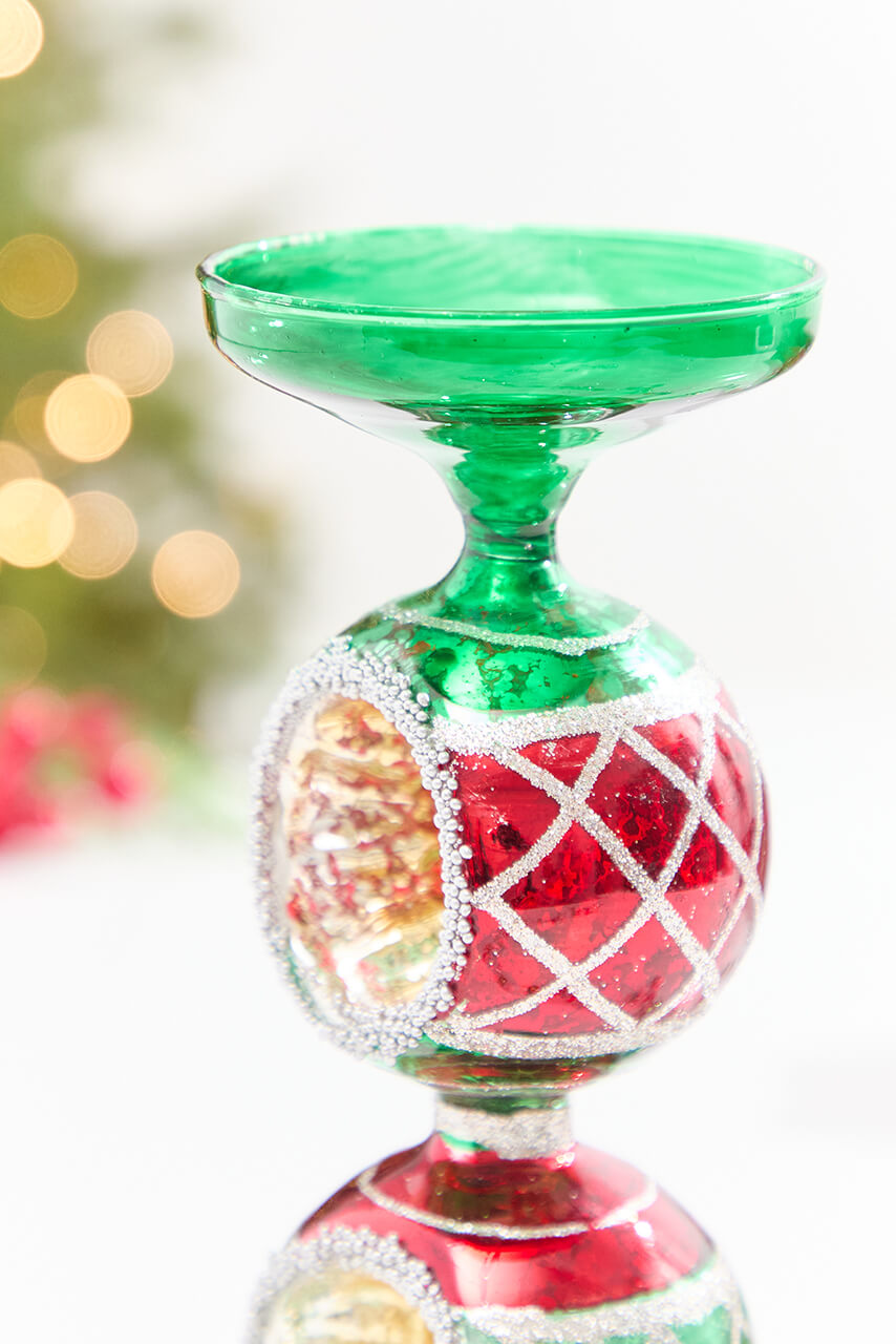10" Red & Green Reflector Glass Candle Holder