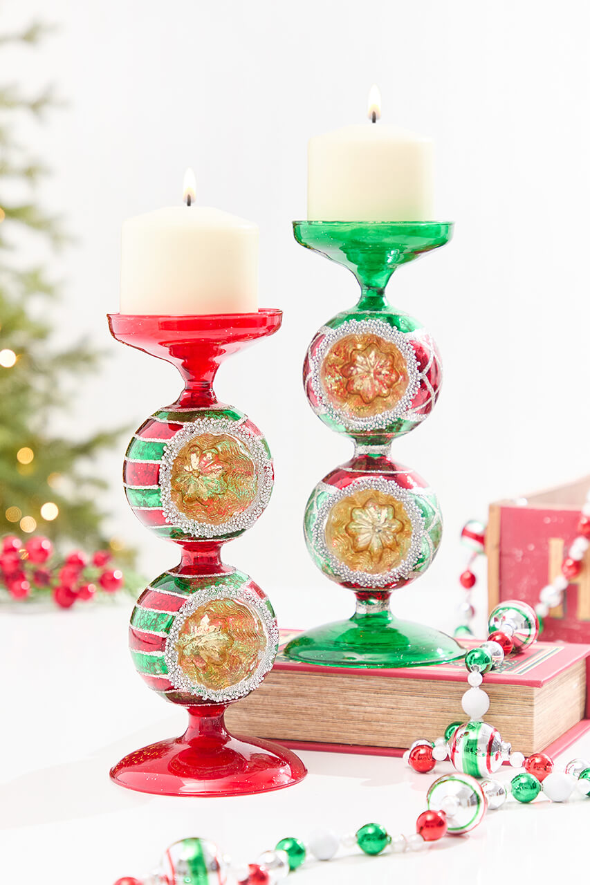 10" Red & Green Reflector Glass Candle Holder