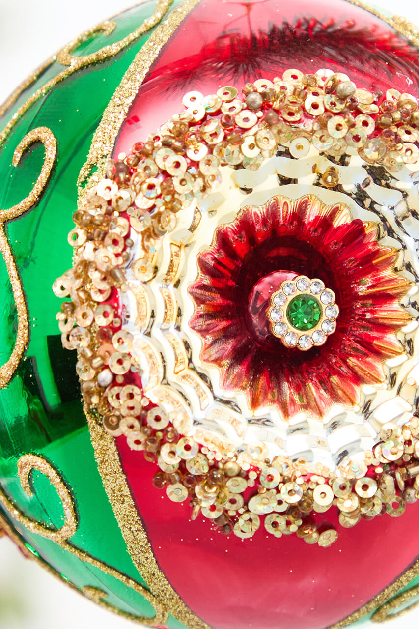 4" Regal Red & Green Reflector Glass Ball Ornament