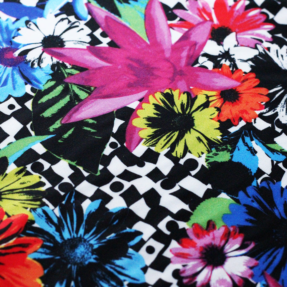 Flower Pop Twin Polyester Spandex Fabric - Black And White Or Multi Floral Garden Print, 58-60" Width (1 Yard)