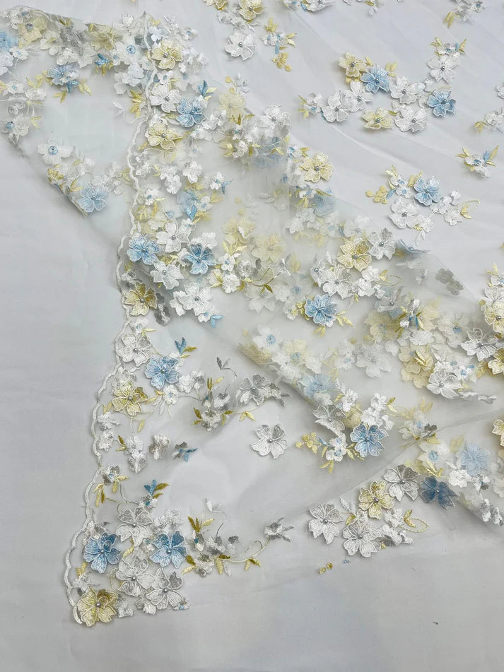 Multi Color 3D Floral Daisy Design Embroider Lace Fabric - Multi Color Floral Embroidery, 54" Width (1 Yard)