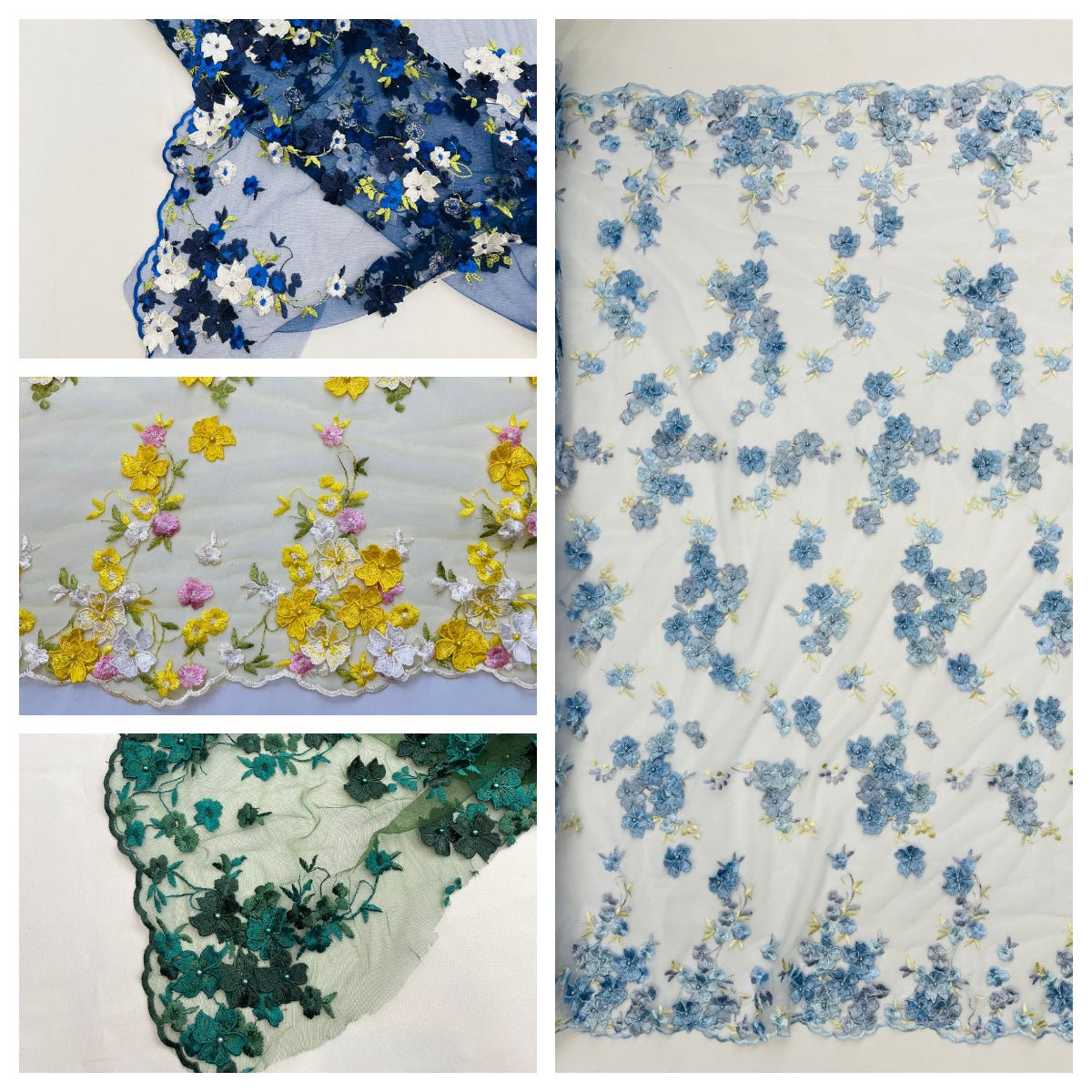 Multi Color 3D Floral Daisy Design Embroider Lace Fabric - Multi Color Floral Embroidery, 54" Width (1 Yard)