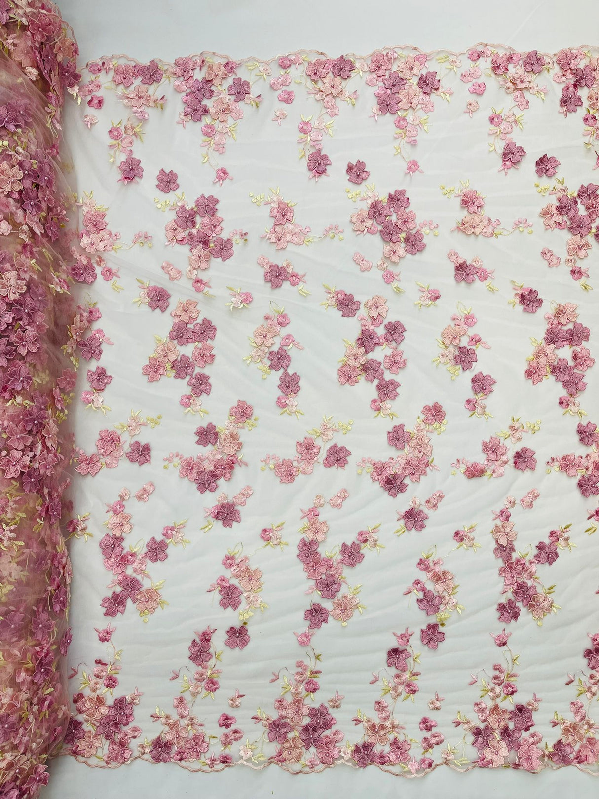 Multi Color 3D Floral Daisy Design Embroider Lace Fabric - Multi Color Floral Embroidery, 54" Width (1 Yard)