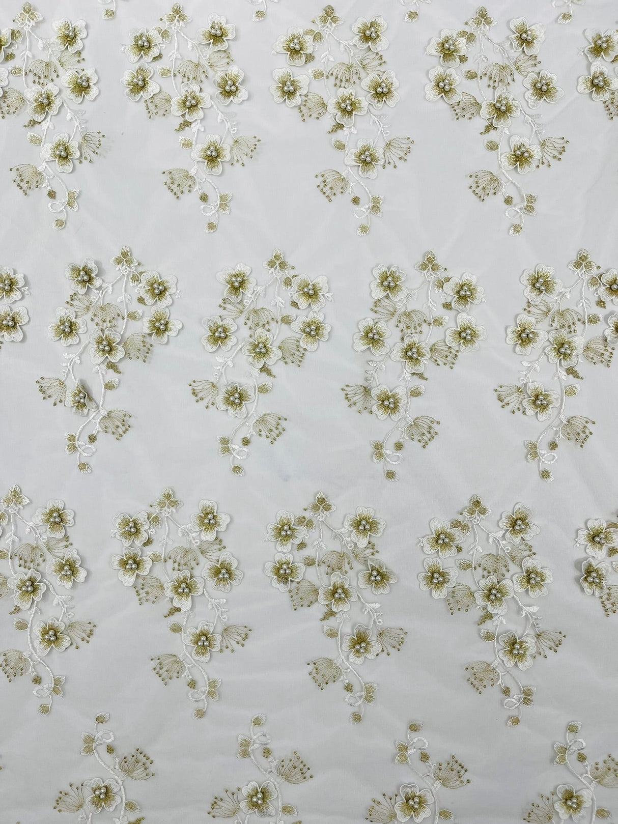Multi Color 3D Floral Design With Pearls Lace Fabric - Multi Color Floral Embroidered Mesh Lace, 54" Wide, 36" Length (1 Yard)