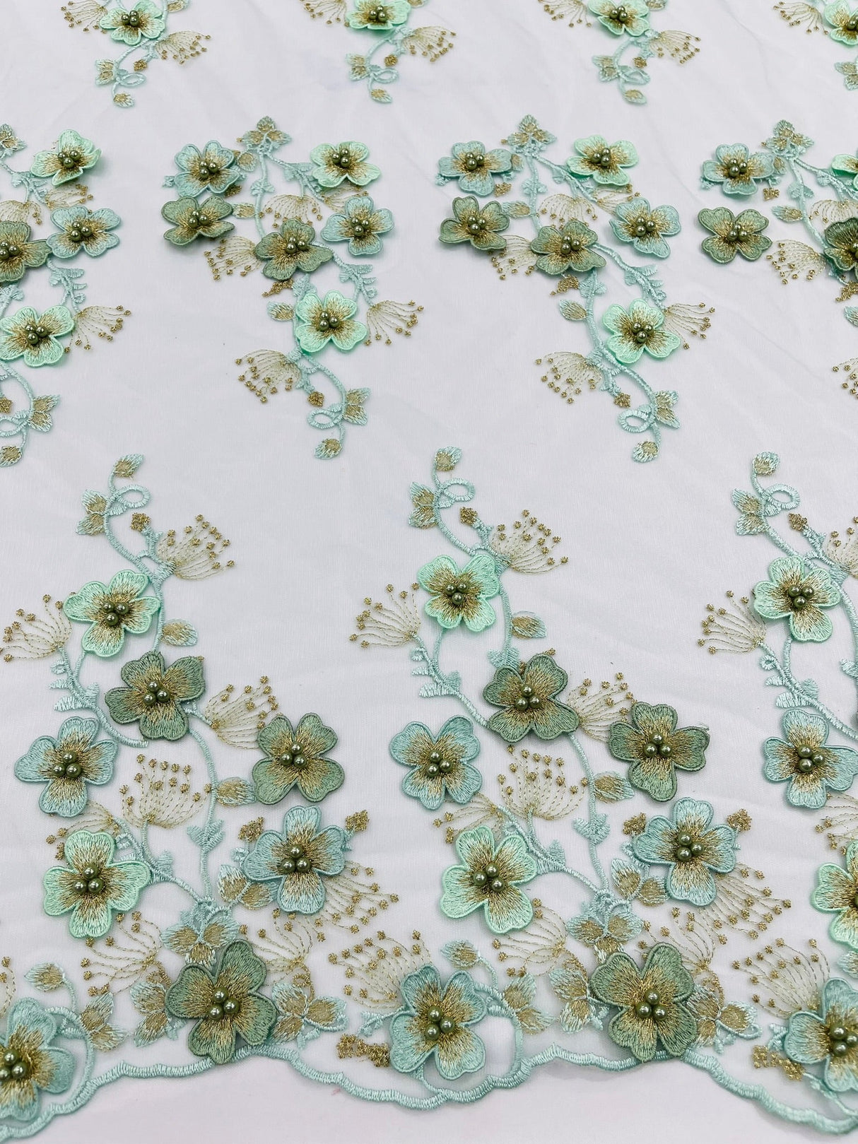 Multi Color 3D Floral Design With Pearls Lace Fabric - Multi Color Floral Embroidered Mesh Lace, 54" Wide, 36" Length (1 Yard)