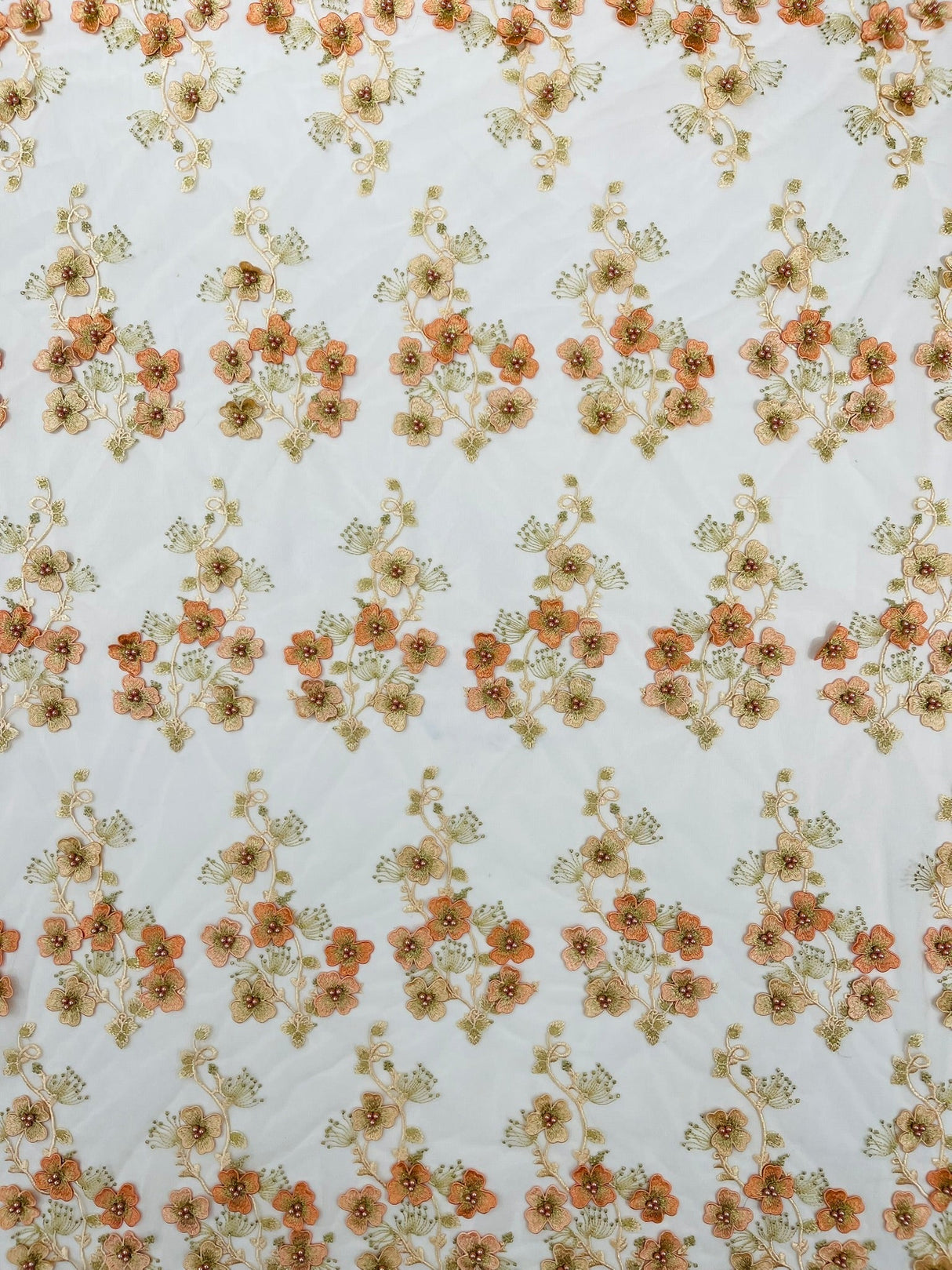 Multi Color 3D Floral Design With Pearls Lace Fabric - Multi Color Floral Embroidered Mesh Lace, 54" Wide, 36" Length (1 Yard)