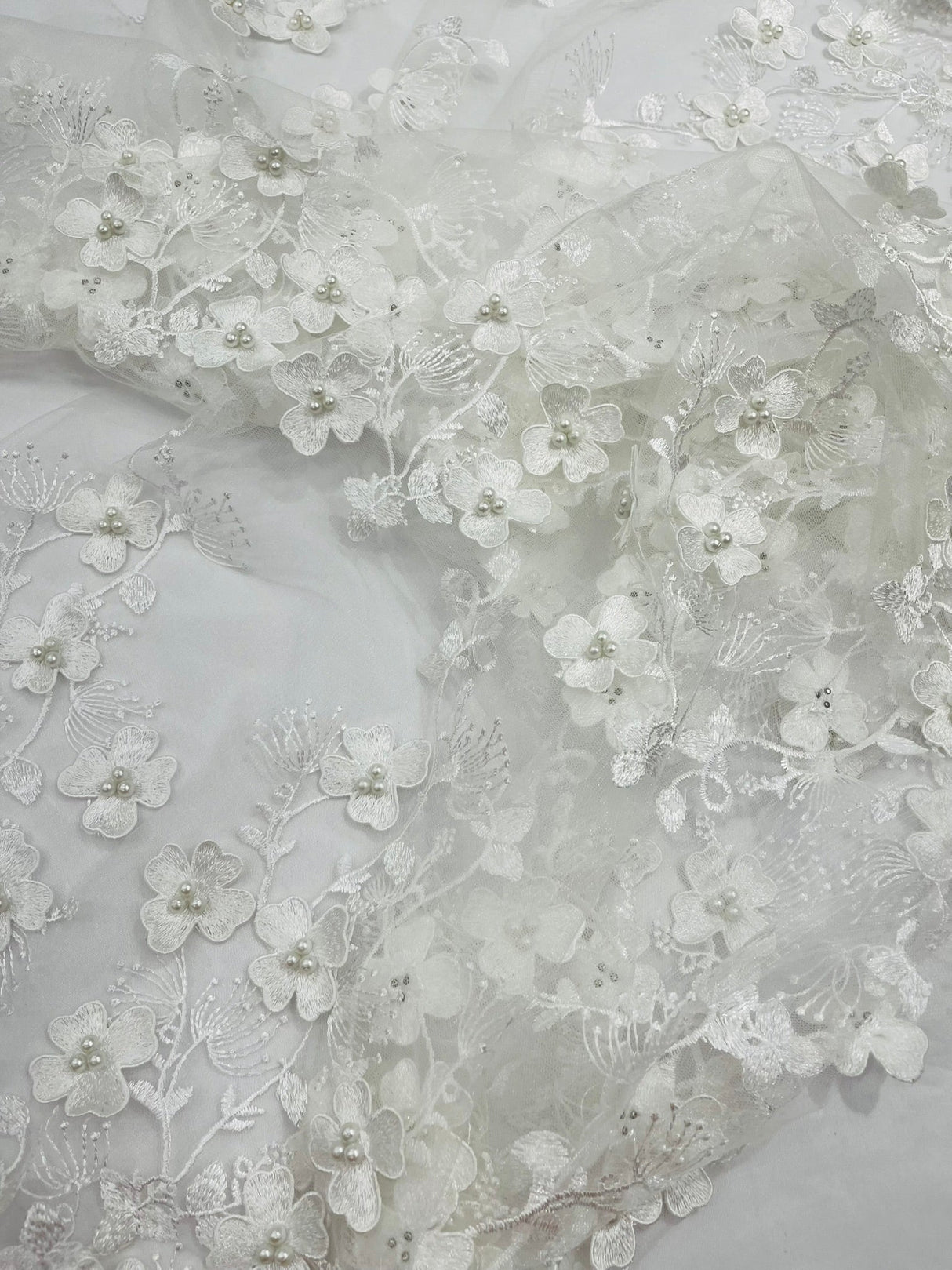 Multi Color 3D Floral Design With Pearls Lace Fabric - Multi Color Floral Embroidered Mesh Lace, 54" Wide, 36" Length (1 Yard)