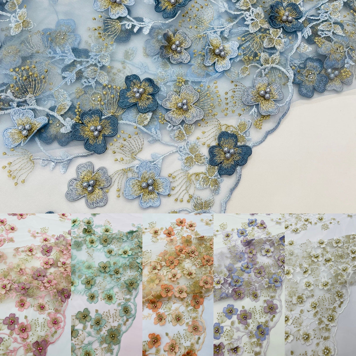 Multi Color 3D Floral Design With Pearls Lace Fabric - Multi Color Floral Embroidered Mesh Lace, 54" Wide, 36" Length (1 Yard)
