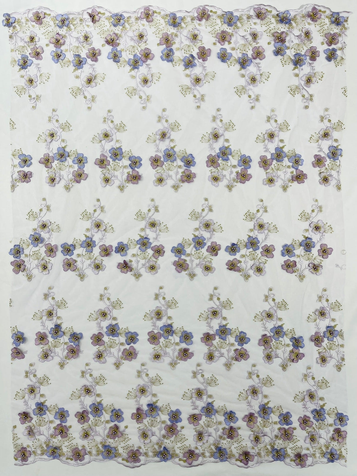 Multi Color 3D Floral Design With Pearls Lace Fabric - Multi Color Floral Embroidered Mesh Lace, 54" Wide, 36" Length (1 Yard)