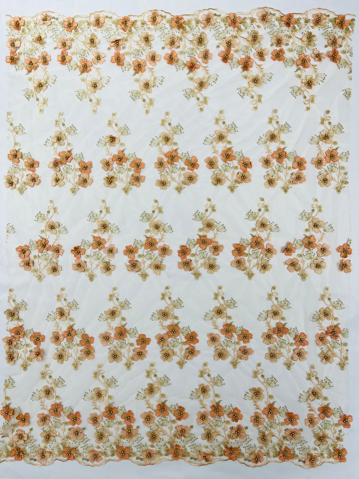 Multi Color 3D Floral Design With Pearls Lace Fabric - Multi Color Floral Embroidered Mesh Lace, 54" Wide, 36" Length (1 Yard)
