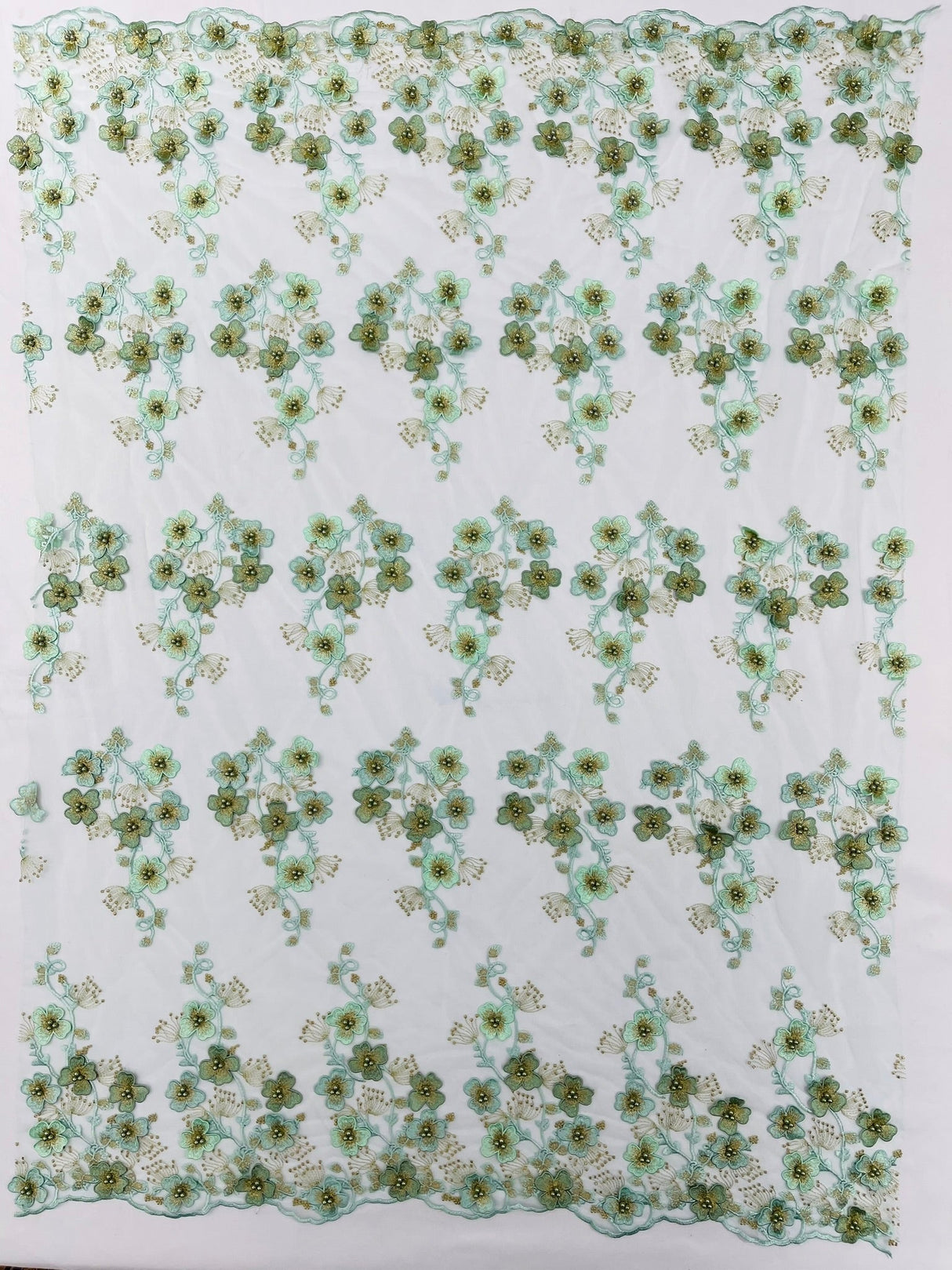 Multi Color 3D Floral Design With Pearls Lace Fabric - Multi Color Floral Embroidered Mesh Lace, 54" Wide, 36" Length (1 Yard)