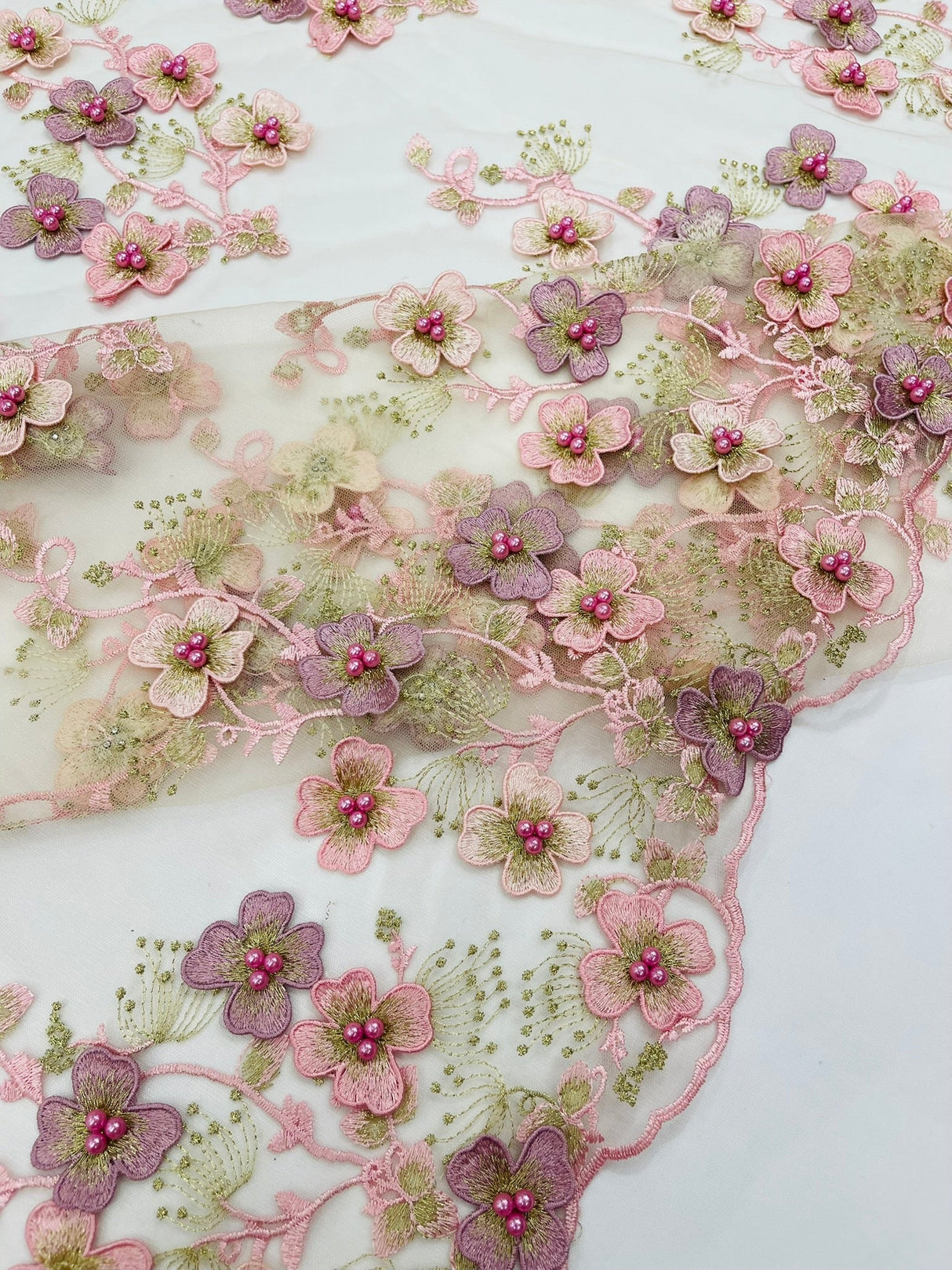 Multi Color 3D Floral Design With Pearls Lace Fabric - Multi Color Floral Embroidered Mesh Lace, 54" Wide, 36" Length (1 Yard)