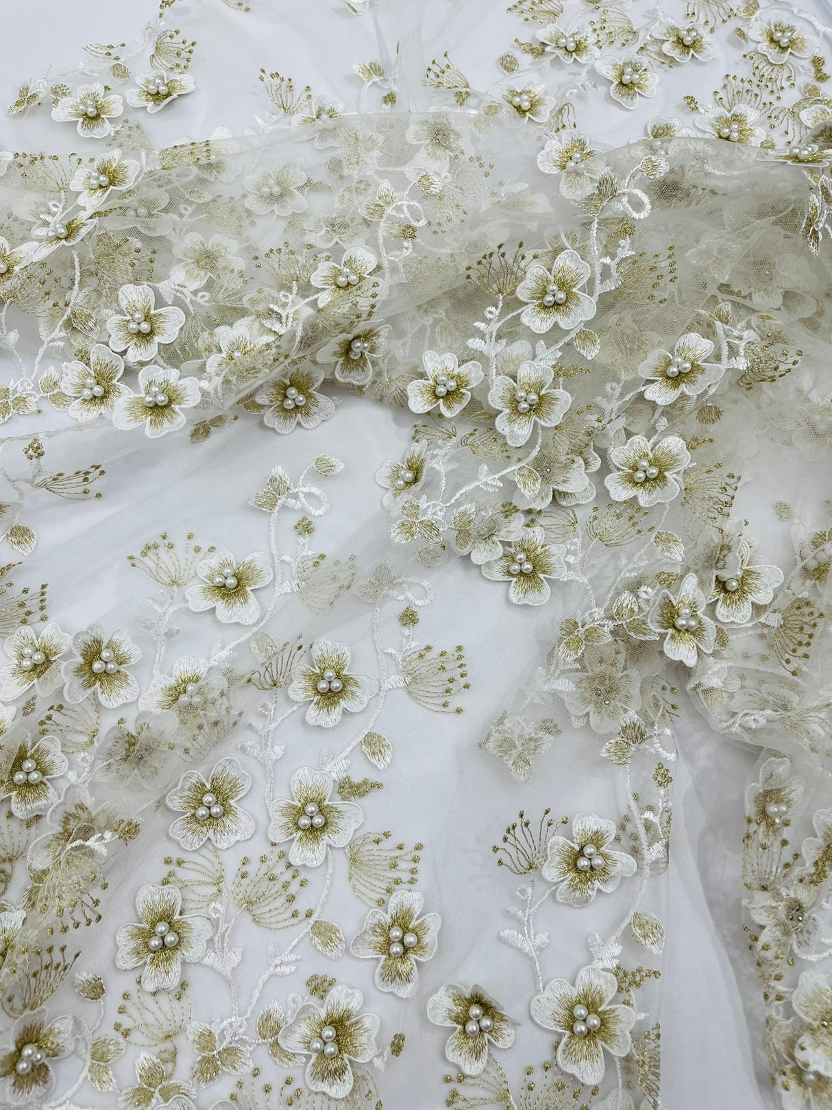 Multi Color 3D Floral Design With Pearls Lace Fabric - Multi Color Floral Embroidered Mesh Lace, 54" Wide, 36" Length (1 Yard)