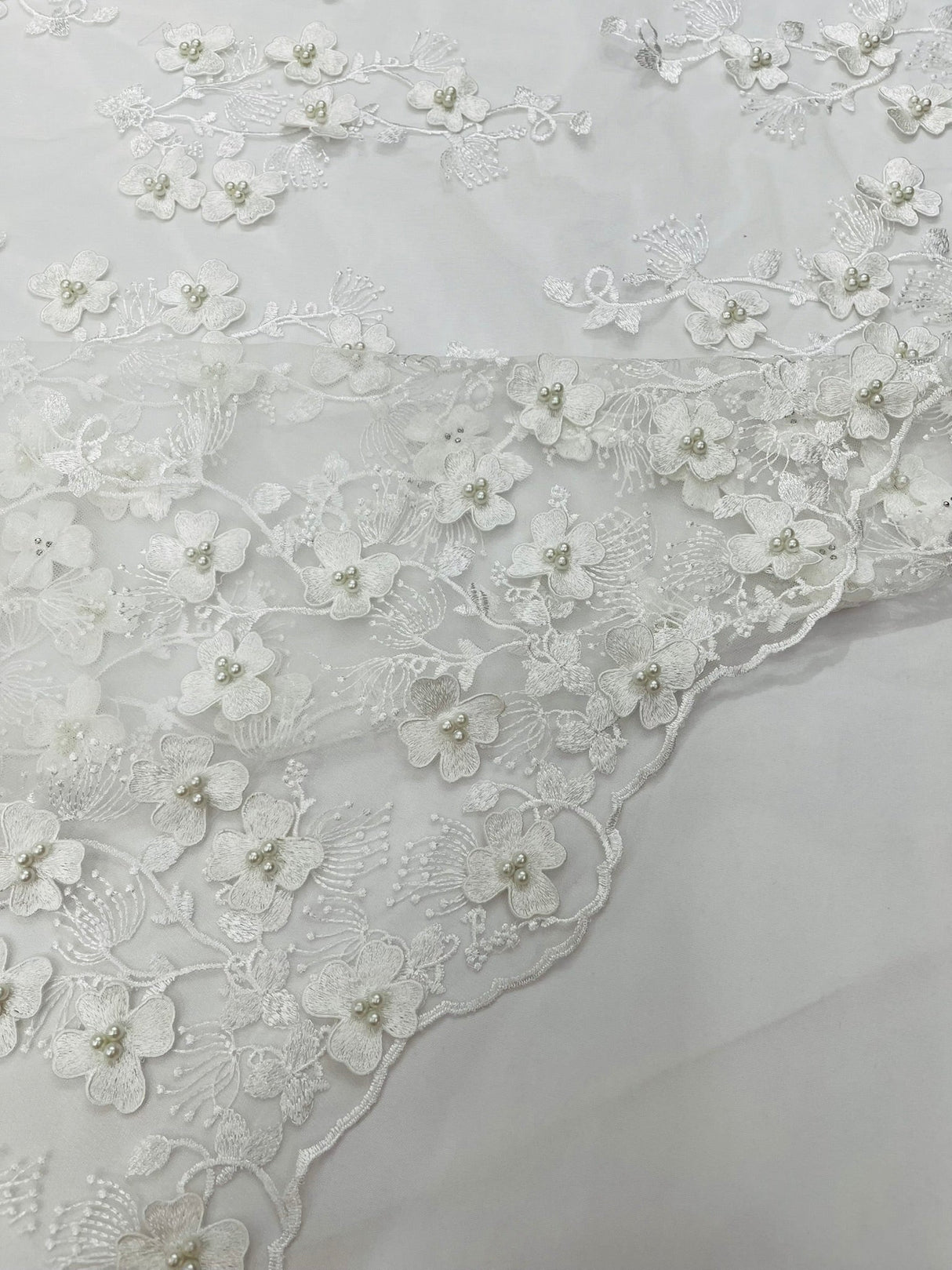 Multi Color 3D Floral Design With Pearls Lace Fabric - Multi Color Floral Embroidered Mesh Lace, 54" Wide, 36" Length (1 Yard)