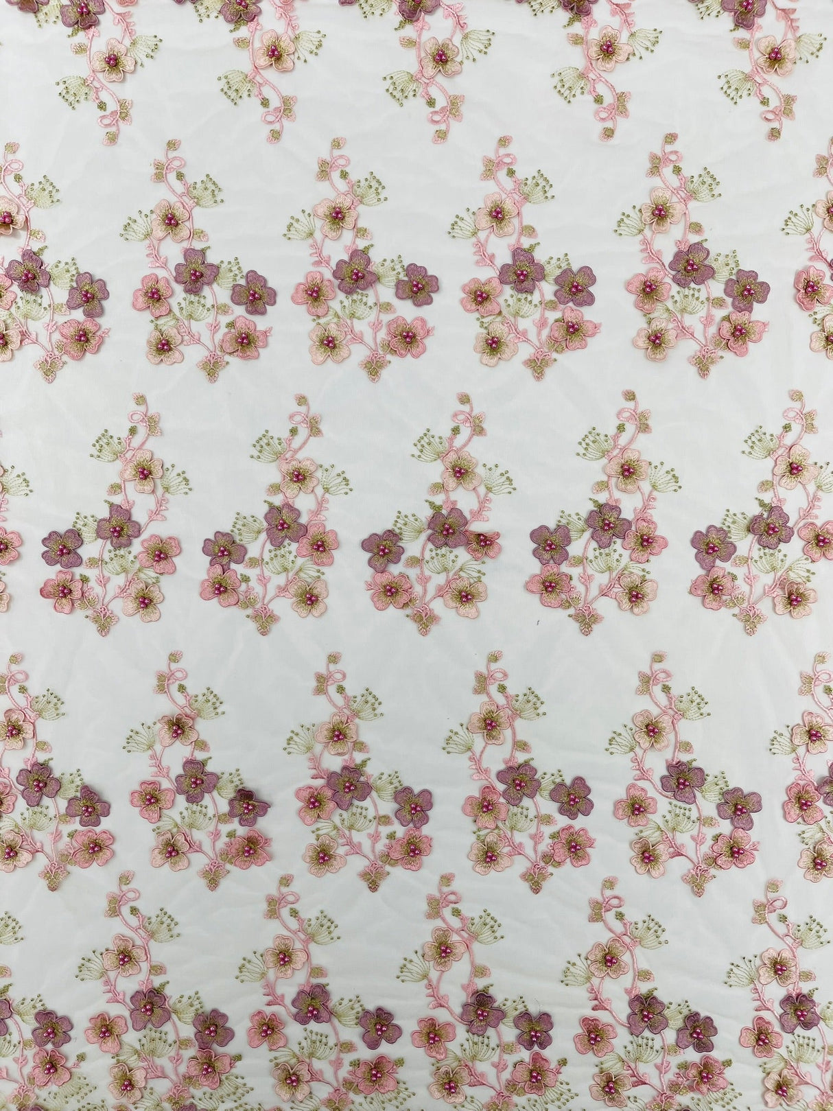 Multi Color 3D Floral Design With Pearls Lace Fabric - Multi Color Floral Embroidered Mesh Lace, 54" Wide, 36" Length (1 Yard)