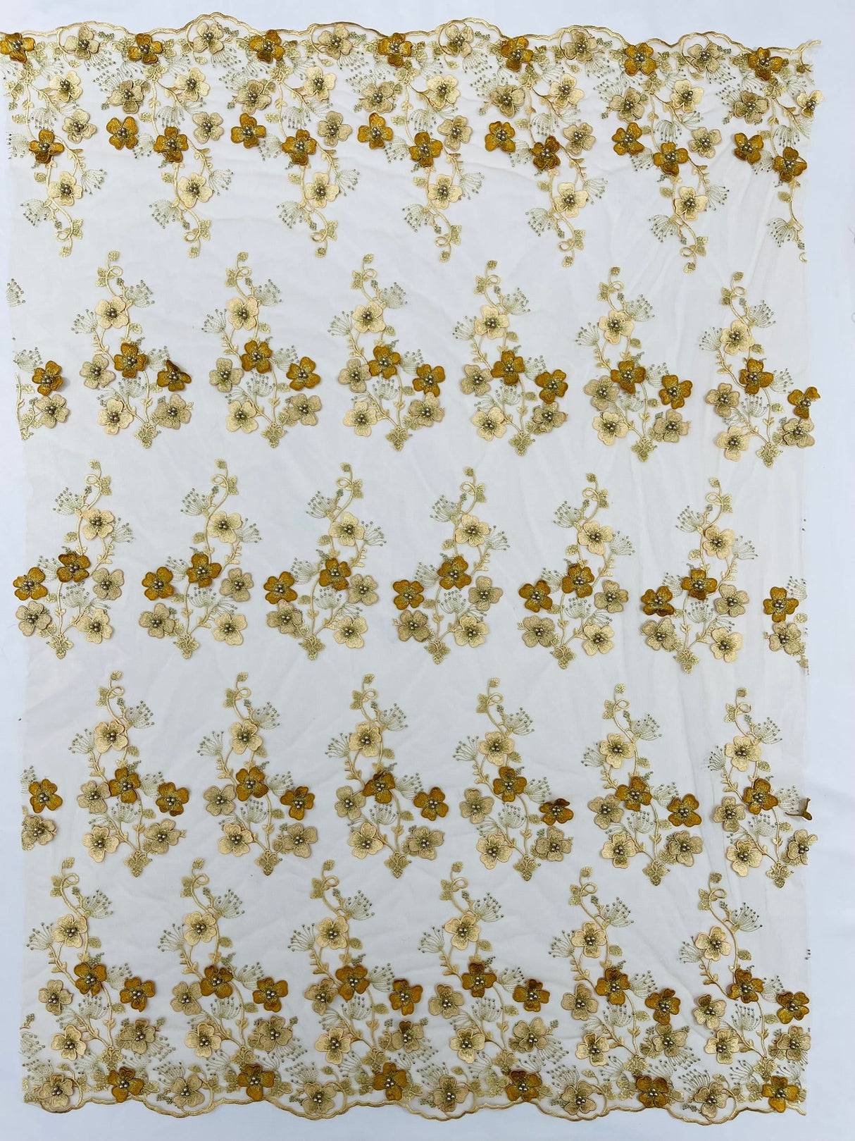 Multi Color 3D Floral Design With Pearls Lace Fabric - Multi Color Floral Embroidered Mesh Lace, 54" Wide, 36" Length (1 Yard)