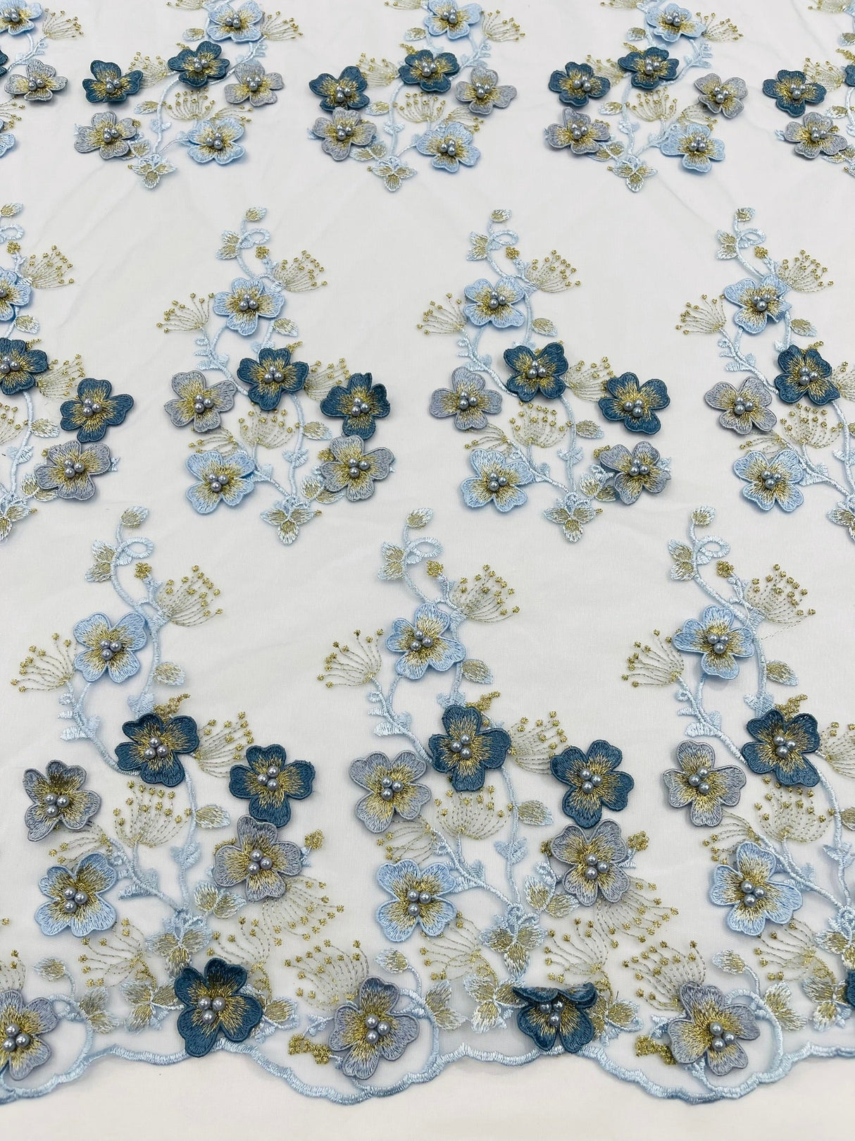 Multi Color 3D Floral Design With Pearls Lace Fabric - Multi Color Floral Embroidered Mesh Lace, 54" Wide, 36" Length (1 Yard)