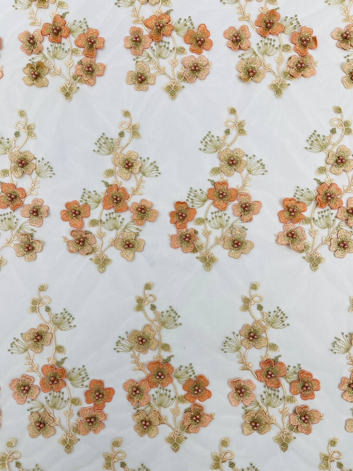 Multi Color 3D Floral Design With Pearls Lace Fabric - Multi Color Floral Embroidered Mesh Lace, 54" Wide, 36" Length (1 Yard)