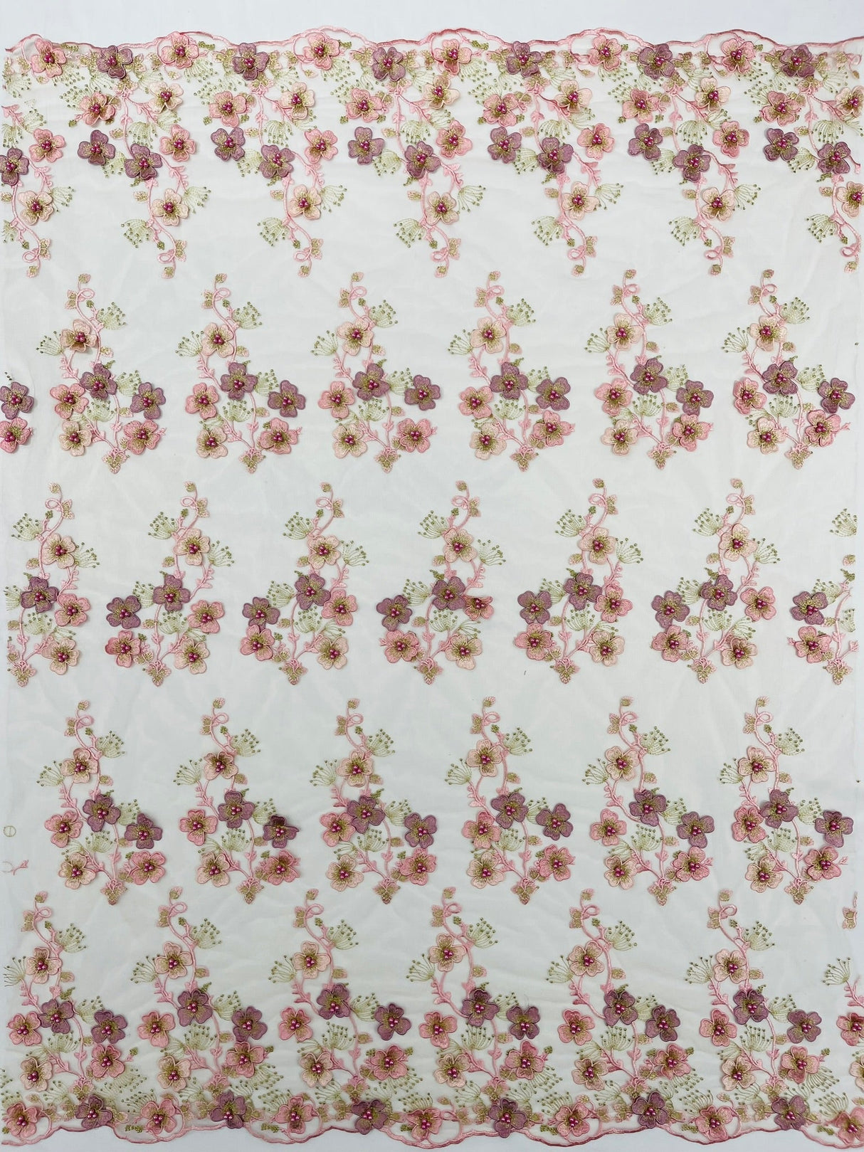 Multi Color 3D Floral Design With Pearls Lace Fabric - Multi Color Floral Embroidered Mesh Lace, 54" Wide, 36" Length (1 Yard)