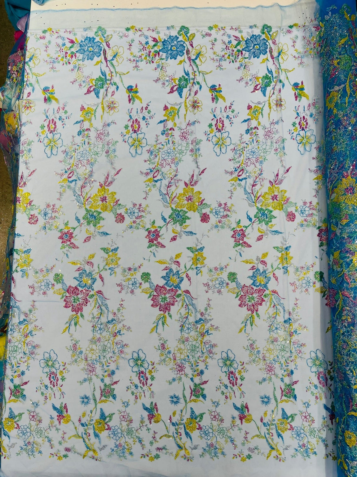 Multi Color Roses Glitter Design On A Mesh Lace Fabric - Multi Color Roses Glitter Design, Polyester Fabric, 52-54" Width, 36" Length (1 Yard)