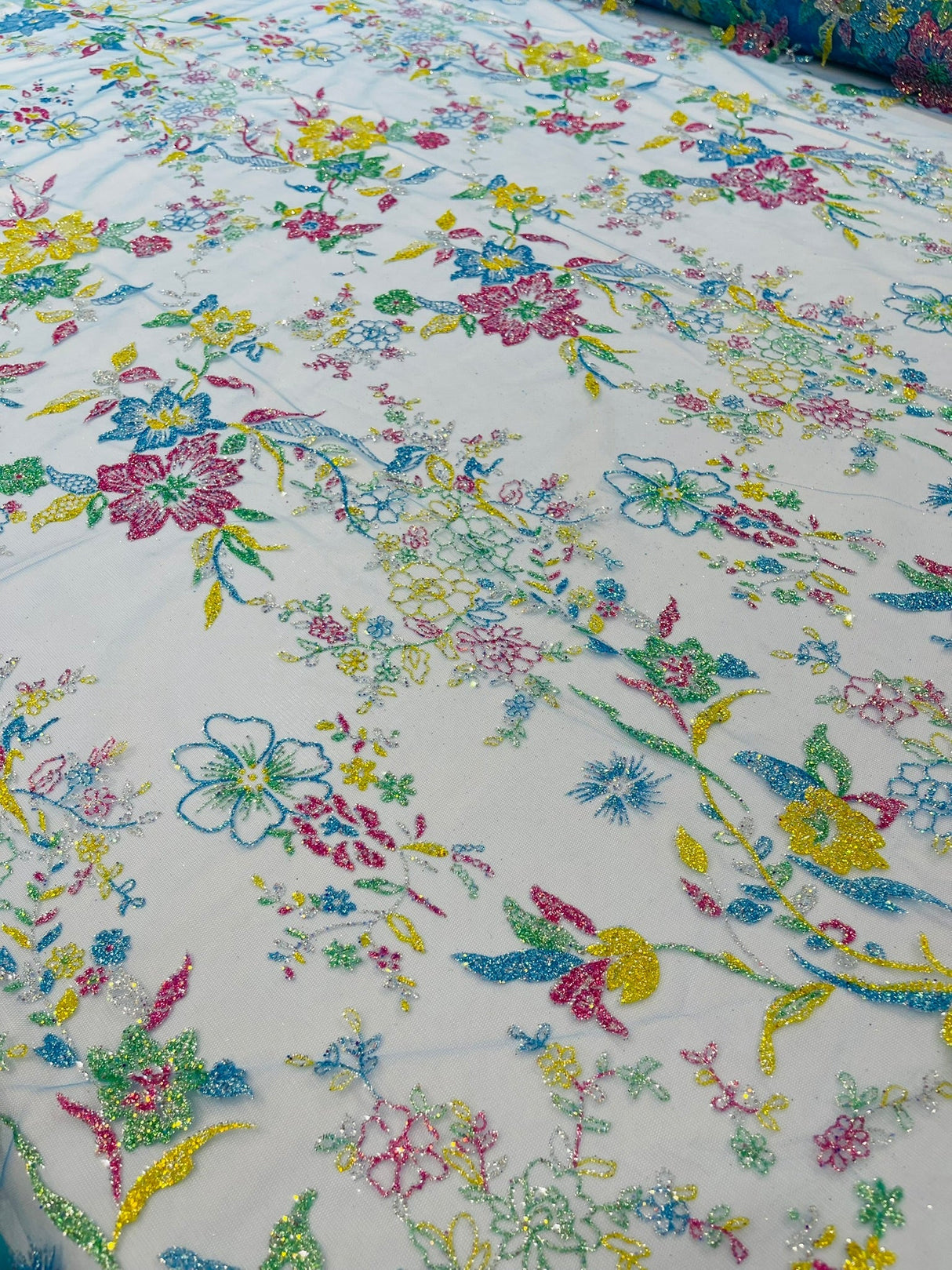 Multi Color Roses Glitter Design On A Mesh Lace Fabric - Multi Color Roses Glitter Design, Polyester Fabric, 52-54" Width, 36" Length (1 Yard)