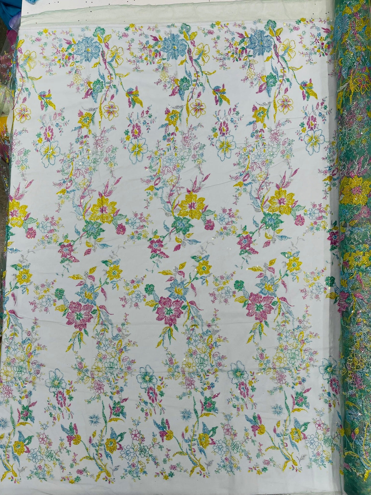 Multi Color Roses Glitter Design On A Mesh Lace Fabric - Multi Color Roses Glitter Design, Polyester Fabric, 52-54" Width, 36" Length (1 Yard)