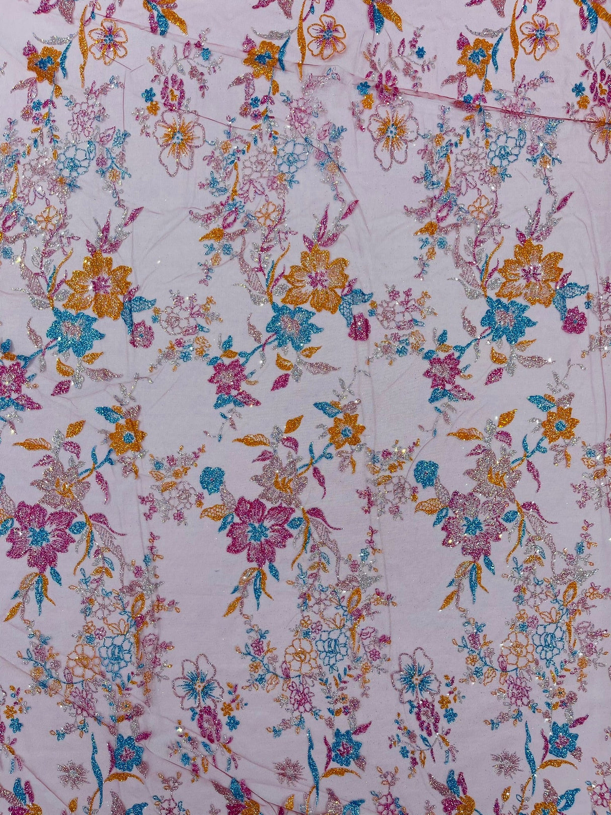 Multi Color Roses Glitter Design On A Mesh Lace Fabric - Multi Color Roses Glitter Design, Polyester Fabric, 52-54" Width, 36" Length (1 Yard)