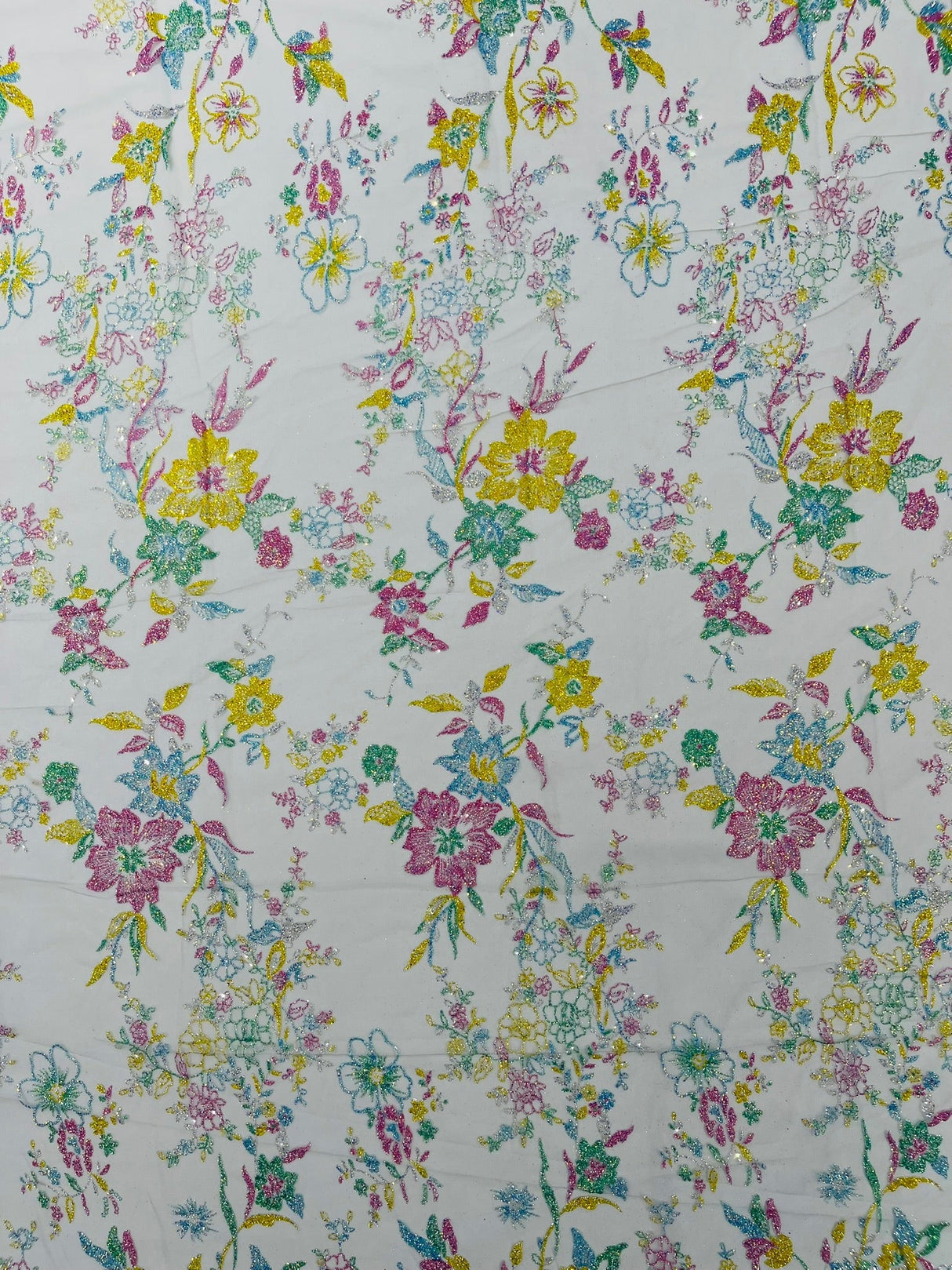 Multi Color Roses Glitter Design On A Mesh Lace Fabric - Multi Color Roses Glitter Design, Polyester Fabric, 52-54" Width, 36" Length (1 Yard)